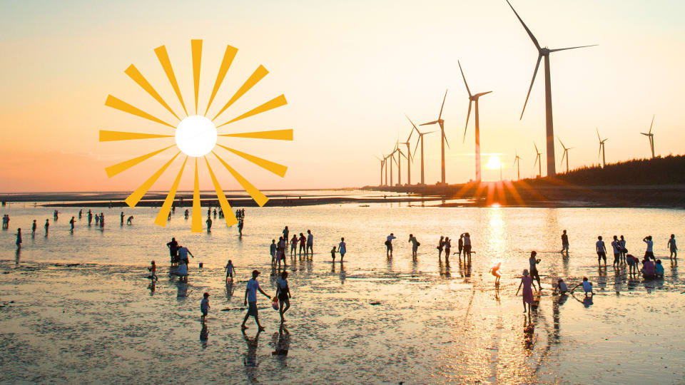 Image of people along a coastline, with windmills in the background, and the Future of Sustainability 2024/25's logo.
